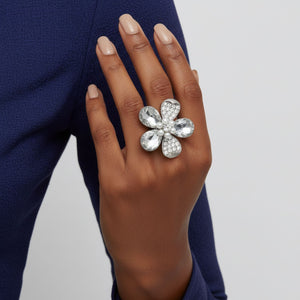 Cocktail Ring Silver Teardrop Crystal Flower Design