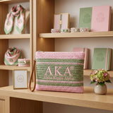 AKA Faded Pink Green Raffia Embroidered Pouch Bag