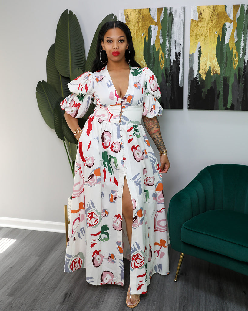 FlowerBomb Maxi Dress (White) Social Butterfly Boutique FlowerBomb Maxi Dress (White) Social Butterfly Boutique